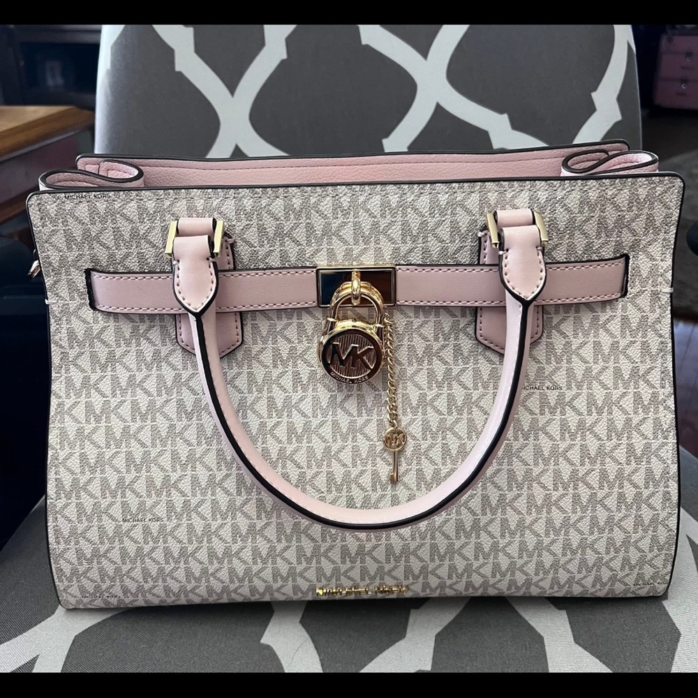 Michael Kors Pink and Cream Satchel with Signature MK Design